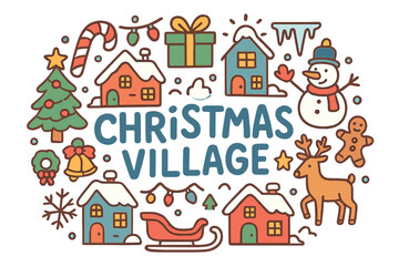 Naklejka premium Christmas Village Doodle. Christmas village. Hand-drawn doodle illustration of Christmas village. Snow-covered