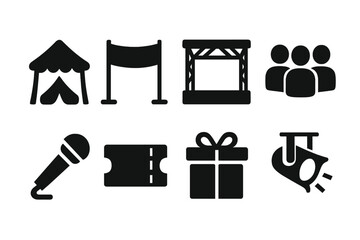 Promotional Event Icons. Promotional events. Filled icon set of Promotional events: tent, banner, stage, crowd