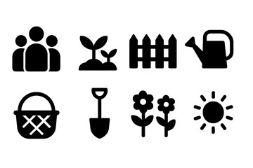 Community Garden Icons. Community garden. Filled icon set of Community garden: group of people, plants, garden