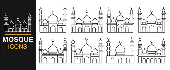Decorative vector collection of mosque architecture icons with domes and towers