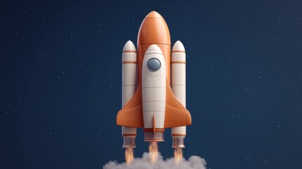 Futuristic Rocket Launching into Space Against a Starry Night Sky with Flames and Smoke Erupting from Powerful Boosters Below the Rocket Body
