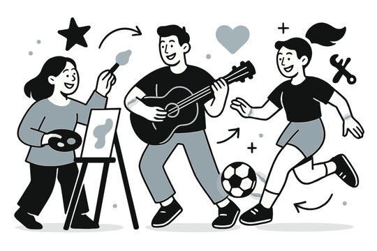 Teamwork and Joy. Shared hobbies. Glowing friends painting, playing music, or engaging in sports, floating