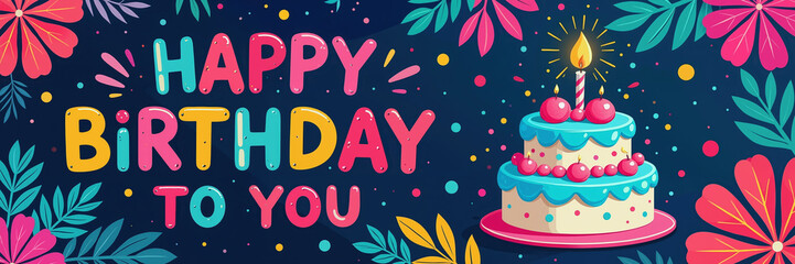 A two-tiered cake with blue icing, cherries, and a lit candle sits on a pink plate, surrounded by colorful flowers, leaves, and confetti on a dark blue background with Happy Birthday To You.