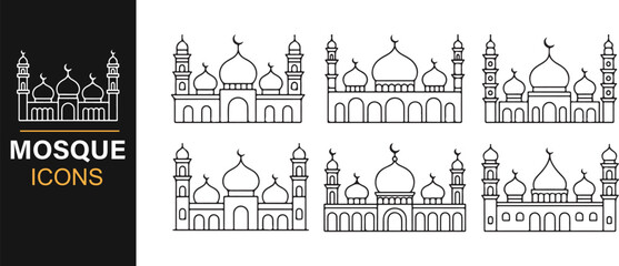 Linear vector illustrations of Islamic mosques for cultural, spiritual, and religious artwork