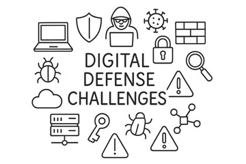 Fototapeta premium Digital Defense Doodles. Digital defense challenges. Hand-drawn doodle illustration of Digital defense