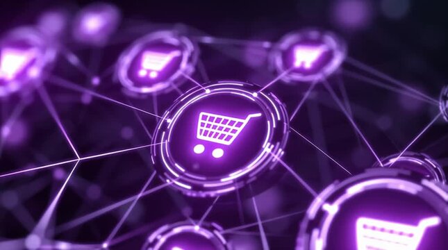 Video footage for Black Friday or Cyber Monday sales. Electronic buttons with cart icons.A supermarket cart is carrying gifts. Global super sale delivery.