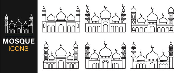 Collection of mosque outline icons featuring domes and arches for Ramadan and Eid design projects