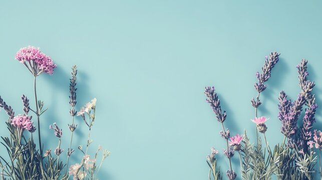 Web banner with a border of lavender and pink flowers, set against a soft blue background, featuring clean whitespace to create a fresh, airy and visually pleasing design suitable for digital displays
