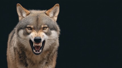 Fototapeta premium Fierce Wolf Displaying Teeth and Intense Expression Against Dark Background in Nature Environment