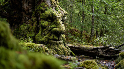 Ancient Moss-Covered Tree with a Face in the Forest