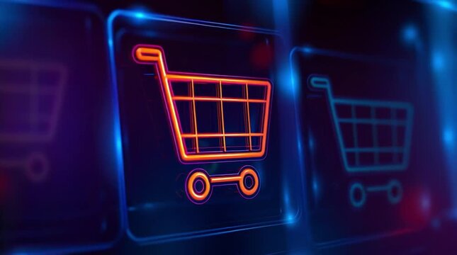Video footage for Black Friday or Cyber Monday sales. Electronic buttons with cart icons.A supermarket cart is carrying gifts. Global super sale delivery.