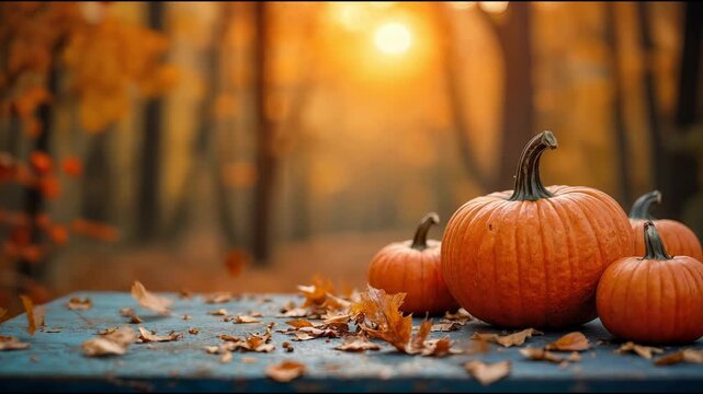 Four pumpkins on wooden table surrounded by autumn leaves in forest  