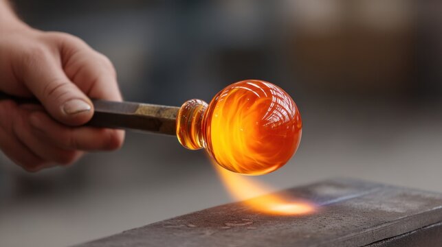 Skilled artisan shapes vibrant orange glass sphere in glassblowing workshop with flame and tools creating stunning craftsmanship and artistry