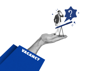 Creative collage hands body fragment sleeve vacancy unemployed question mark telescope watch see look offer drawing background