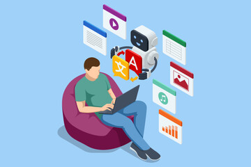 Isometric man using laptop with AI translation robot assistant. Concept of artificial intelligence, communication and multilingual education.