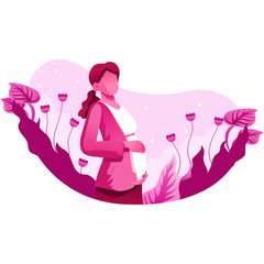 Pregnant Woman Standing Among Pink Flowers and Leaves Outdoors in Pink Tones Illustration Style