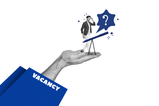 Creative collage hands body fragment sleeve vacancy unemployed question mark telescope watch see look offer drawing background