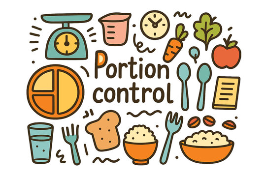Portion Control Essentials. Portion control. Hand-drawn doodle illustration of Portion control. Divided plate,