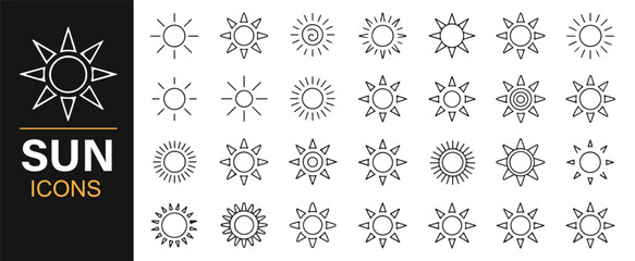 Modern black and white sun icon pack for solar energy and weather vector artwork