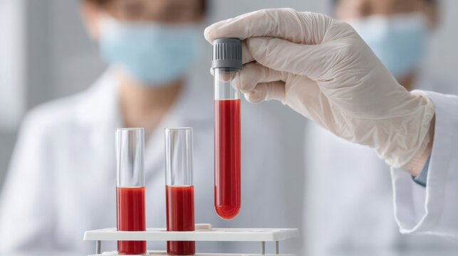 Healthcare professional holding test tube with blood sample near laboratory equipment and researchers wearing protective masks in clinical setting - Powered by Adobe