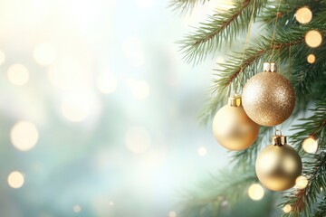 Golden christmas ornaments hanging on pine tree with sparkling bokeh background