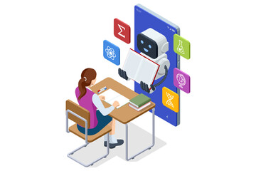 Isometric AI robot helping female student learn online. Concept of e-Learning, digital education and artificial intelligence tutor.
