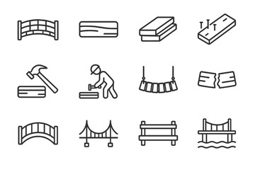 Wooden Bridge Icons. Wooden bridge slat. Line outline icon set of Wooden bridge slat: wooden bridge, single