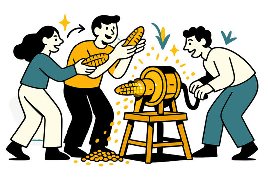 Dynamic Corn Shelling. Rustic tradition. A glowing hand-cranked corn sheller on a wooden stand with characters