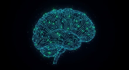 Digital human brain with circuit board texture and green color