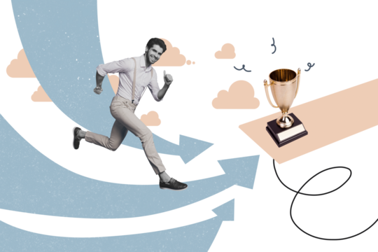 Composite photo collage of happy guy run receive promotion arrow goblet cup aim success reward chance isolated on painted background