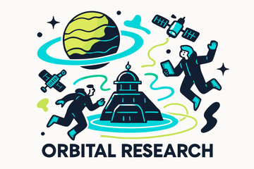 Venus Orbital Station. Venus exploration. Abstract glowing orbital station around Venus with orbiting