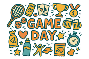 Obraz premium Game Day Doodles. Game Day. Hand-drawn doodle illustration of Game Day. tennis racket, tennis ball, cards,