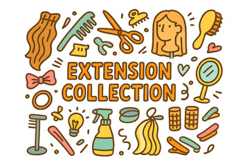 Obraz premium Doodle Hair Tools. Extension Collection. Hand-drawn doodle illustration of Extension Collection. hair strands,