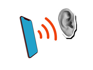 The human ear listens to the sound coming from the phone. Modern collage style. Illustration on transparent background