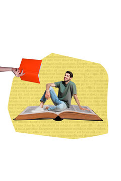Vertical photo collage of happy man sit open book student reader library education hand offer bestseller isolated on painted background