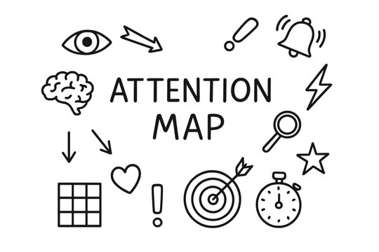 Attention Map Doodle. Attention Map. Hand-drawn doodle illustration of Attention Map. eye, brain, spotlight,