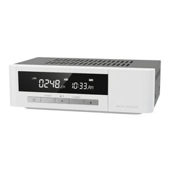 Obraz premium Minimalist white digital receiver showcasing time and channel against a clean setting