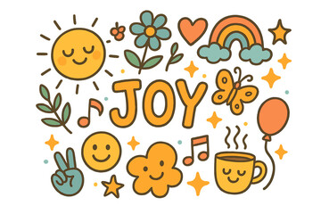 Fototapeta premium Joyful Doodle Playtime. Joy. Hand-drawn doodle illustration of Joy. Smiling sun, flower, heart, rainbow,