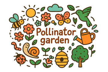 Pollinator Garden Doodle. Pollinator garden. Hand-drawn doodle illustration of Pollinator garden. Bee,