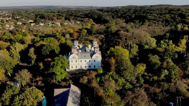 Aerial shot of Lopukhin Palace, an architectural monument ideal for illustrating materials on the history and cultural heritage of Ukraine. Korsun, Cherkasy Oblast