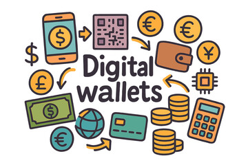 Digital Wallets Doodle. Digital wallets. Hand-drawn doodle illustration of Digital wallets. Mobile phone, QR