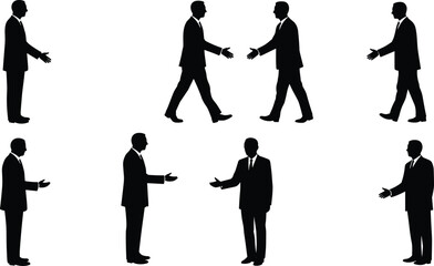 Business handshake silhouette, professional greeting, corporate deal, partnership agreement, teamwork concept, office interaction, career success, flat vector illustration