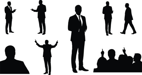 Business silhouette, leadership pose, communication act, office teamwork, corporate discussion, presentation speech, professional role, workplace dynamics, flat vector illustration