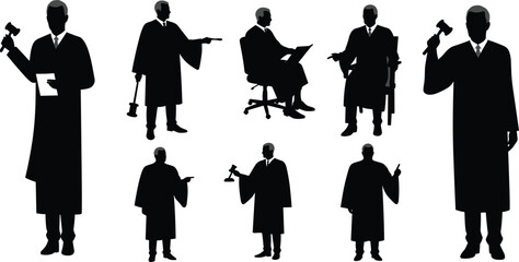 Judge silhouette, courtroom authority, legal decision, gavel pose, justice figure, law professional, trial scene, legal system, flat vector illustration