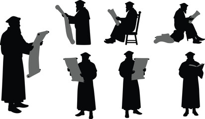 Scholar silhouette, academic robe, reading scroll, professor figure, studying book, knowledge pursuit, cultural tradition, education art, flat vector illustration