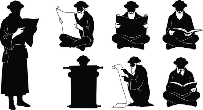 Scholar silhouette, reading book, studying scroll, religious study, academic learning, cultural tradition, knowledge pursuit, education art, flat vector illustration