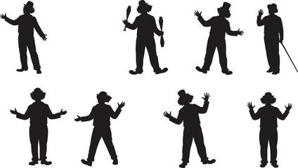 Clown silhouette, circus performer, comedy act, juggling pose, stage entertainment, funny character, carnival show, performance art, flat vector illustration