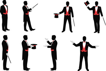 Magician silhouette, stage illusion, magic trick, performer pose, wand gesture, top hat, rabbit act, circus show, entertainment art, flat vector illustration