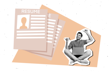 Creative collage picture young man resume job application candidate competition choose select cv employment drawing background