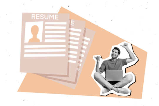 Creative collage picture young man resume job application candidate competition choose select cv employment drawing background